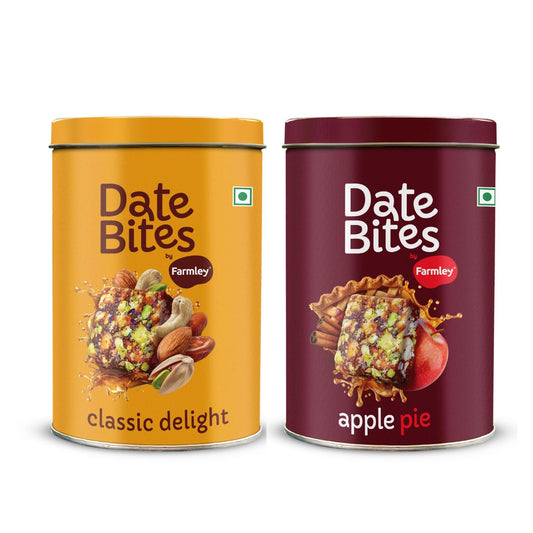 Farmley Classic Date Bites & Apple Pie Date Bites Tin Jar 200g X 2 I Dates Barfi Made with Dates, Pista, Cashews, Almonds, Honey and Pure Ghee I Dry Fruits Nuts