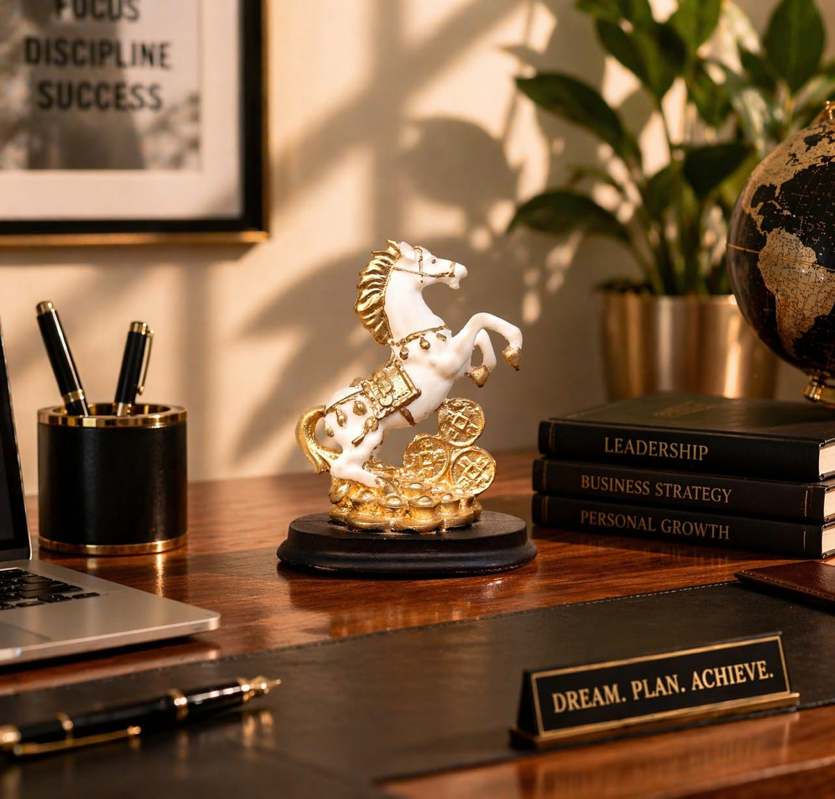 Lucky Horse Showpiece for Home Decor | White & Gold Rearing Horse Figurine with Coins Resin Decorative Statue for Office Desk Living Room Shelf Table Feng Shui Vastu Gift Item