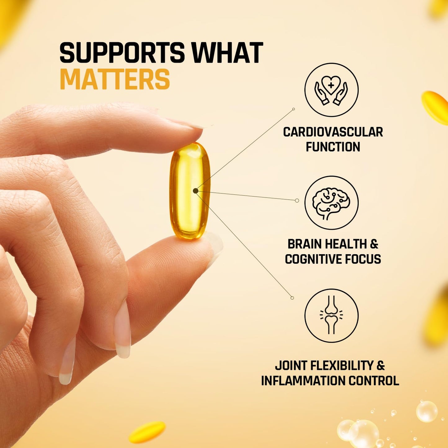 Hand holding a yellow supplement capsule with health benefits listed on a beige background