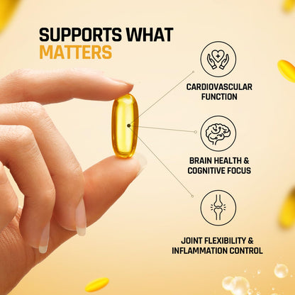 Hand holding a yellow supplement capsule with health benefits listed on a beige background