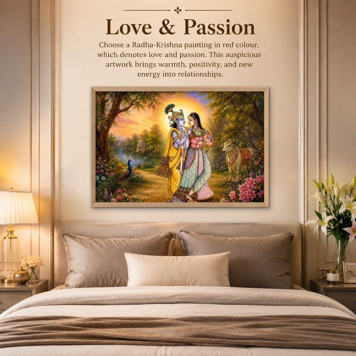 Radha Krishna Garden Vastu Wall Painting for Living Room Bedroom Hall Office Decor, Devotional Peacock Cow Artwork, Premium Wooden Synthetic Frame (13.5 x 19.5 Inch) NM01-V-166