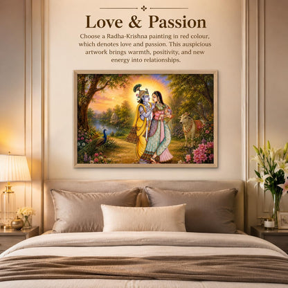 Radha Krishna Garden Vastu Wall Painting for Living Room Bedroom Hall Office Decor, Devotional Peacock Cow Artwork, Premium Wooden Synthetic Frame (13.5 x 19.5 Inch) NM01-V-166