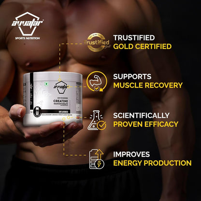 Bodybuilder holding a supplement container with Avvaafar branding and product features.