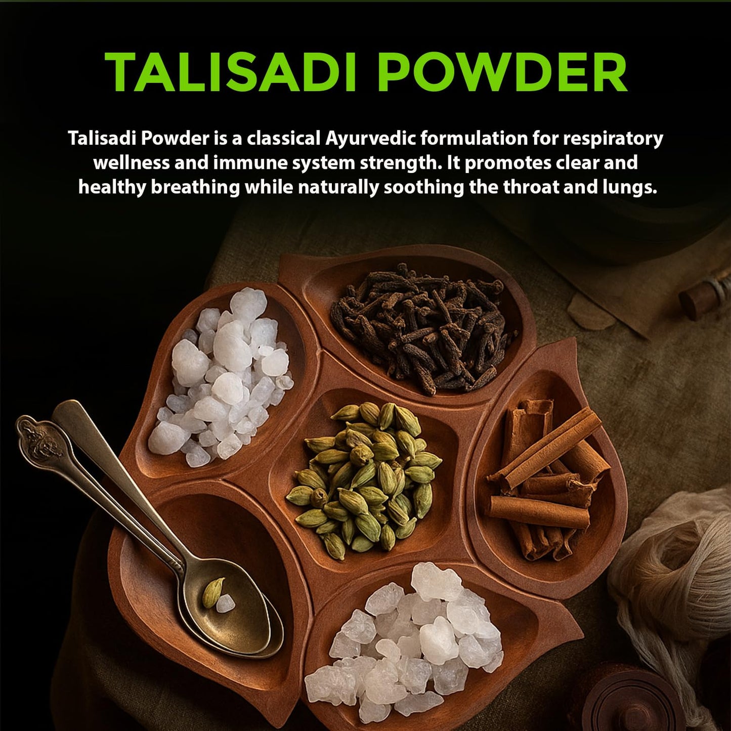 Talisadi Powder with ingredients on a wooden tray and text about its benefits.