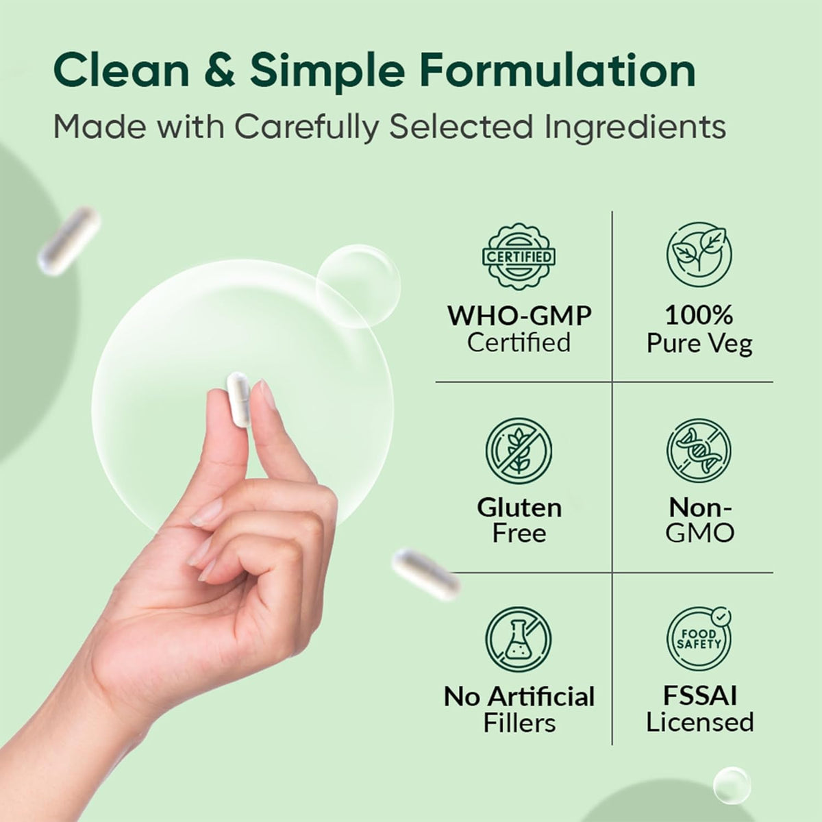 Hand holding a round object with certification icons and text on a green background