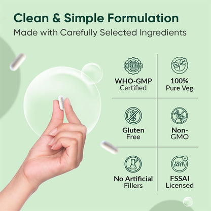 Hand holding a round object with certification icons and text on a green background