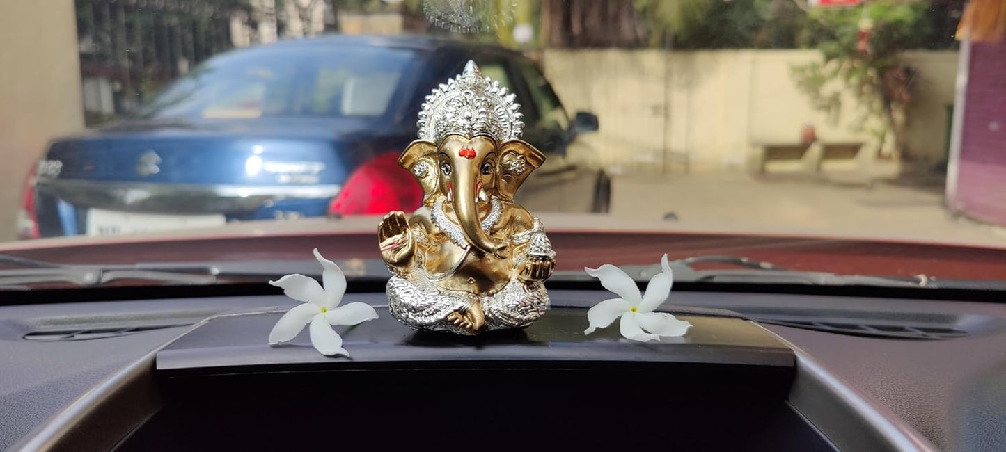 Gold Art India Resin Ganesha Idol Ganesh for Car Dashboard Statue Ganpati Vinayaka Vinayagar Figurine Diwali Gifts Home Decor Luck, Success for Small Murti Puja Lord Gift Office Desk Room 3.5 Inches
