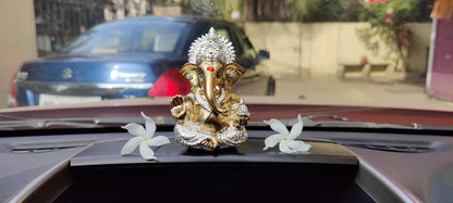 Gold Art India Resin Ganesha Idol Ganesh for Car Dashboard Statue Ganpati Vinayaka Vinayagar Figurine Diwali Gifts Home Decor Luck, Success for Small Murti Puja Lord Gift Office Desk Room 3.5 Inches