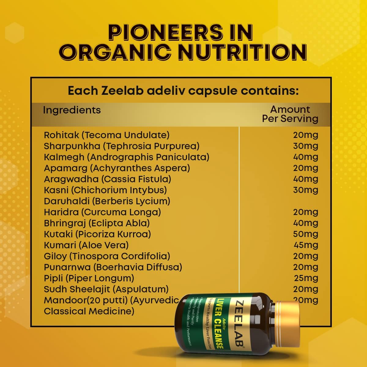 Zeelab adeliv capsule ingredients list on a yellow background with a bottle of the capsule.