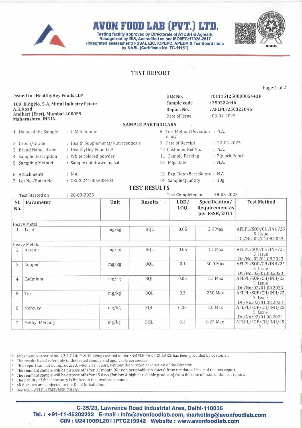 Avon Food Lab test report with various parameters and results.