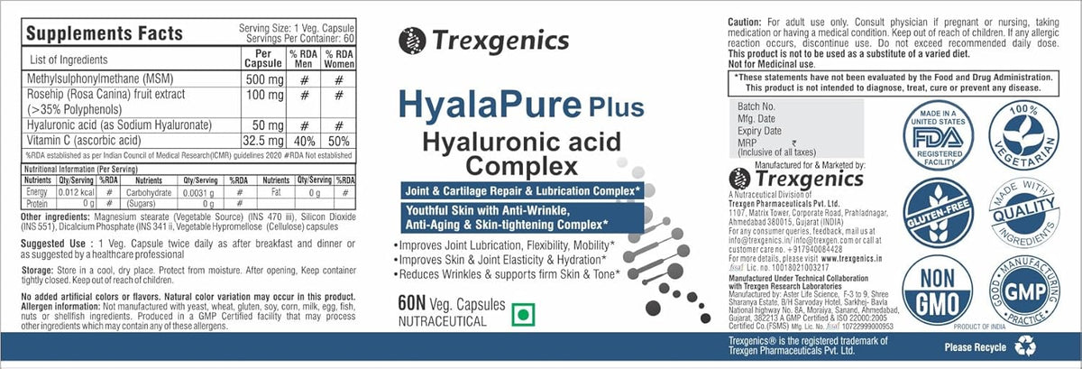 Trexegenics HyalaPure Plus supplement label with product details and branding.