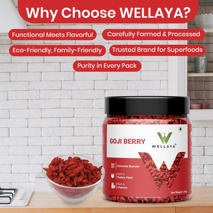 WELLAYA Premium Dried GojiBerry | Whole Chewy GojiBerry Dry Fruit | High in Vitamins, Fiber & Rich in Antioxidants | Immunity Booster Goji Berry Toppings for Fruit & Salads