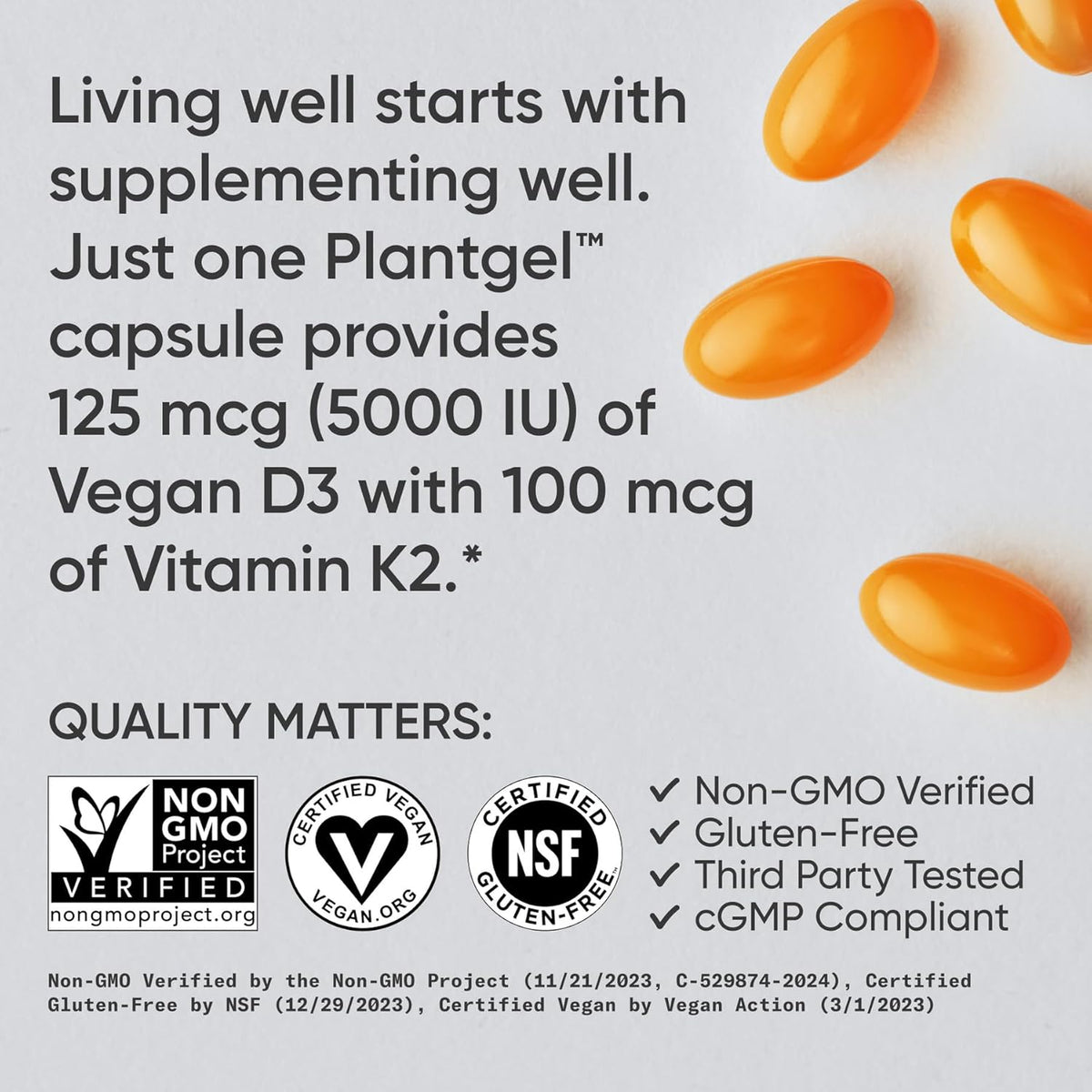Orange capsules with text about Plantgel capsules providing Vitamin D3 and Vitamin K2, and certification logos.