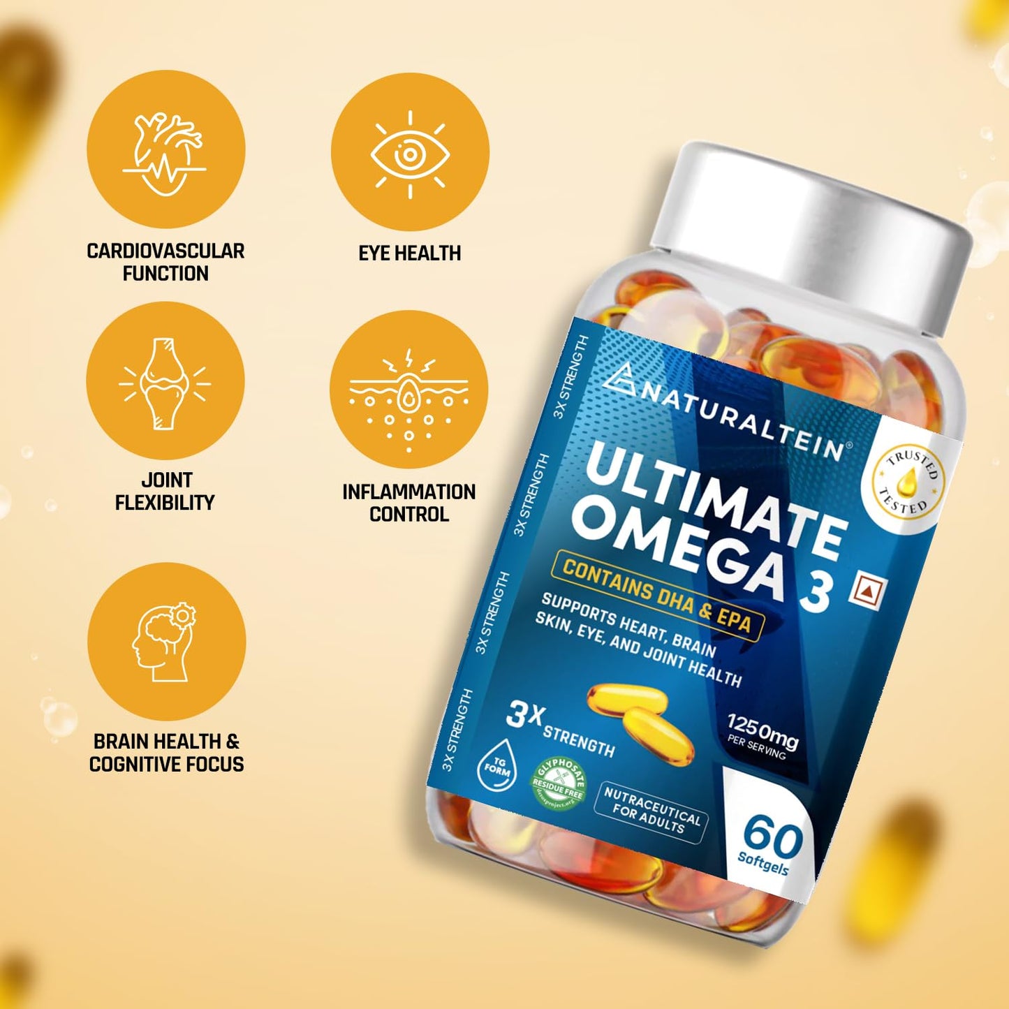 Bottle of Naturaltein Ultimate Omega 3 supplements with health benefits on a beige background