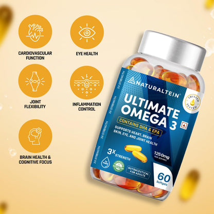 Bottle of Naturaltein Ultimate Omega 3 supplements with health benefits on a beige background