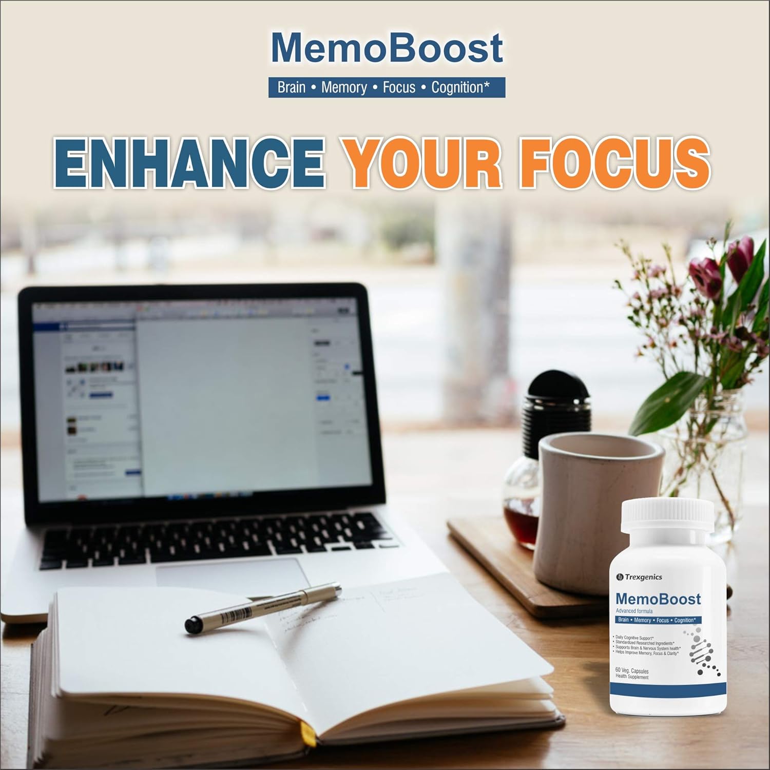 MemoBoost supplement bottle on a desk with laptop and notebook, promoting focus enhancement.