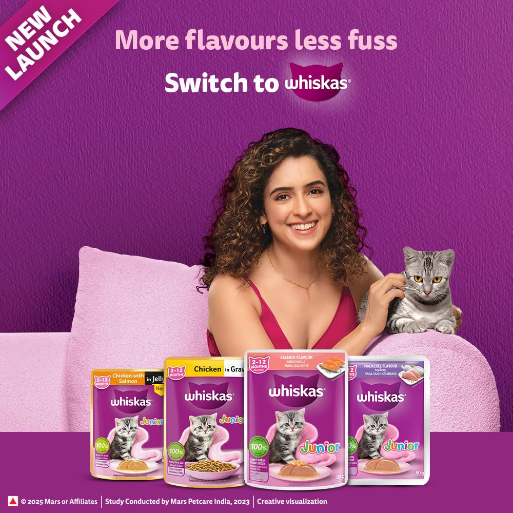 Whiskas Junior Kitten (2-12 Months) Wet Cat Food, Salmon in Jelly Flavour, 80 g, Hydrating Food Made with Real Fish, 100% Complete & Balanced Nutrition for Kittens