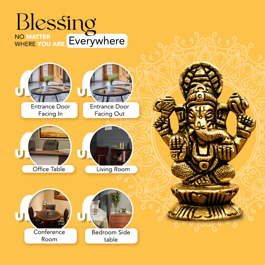 100% Pure Brass Ganesha Idol (Size: 5.5 cm) | Pital Ganesh Murti for Pooja Room, Home Decor, Office Desk and Car Dashboard | Vinayagar Statue for Diwali Puja