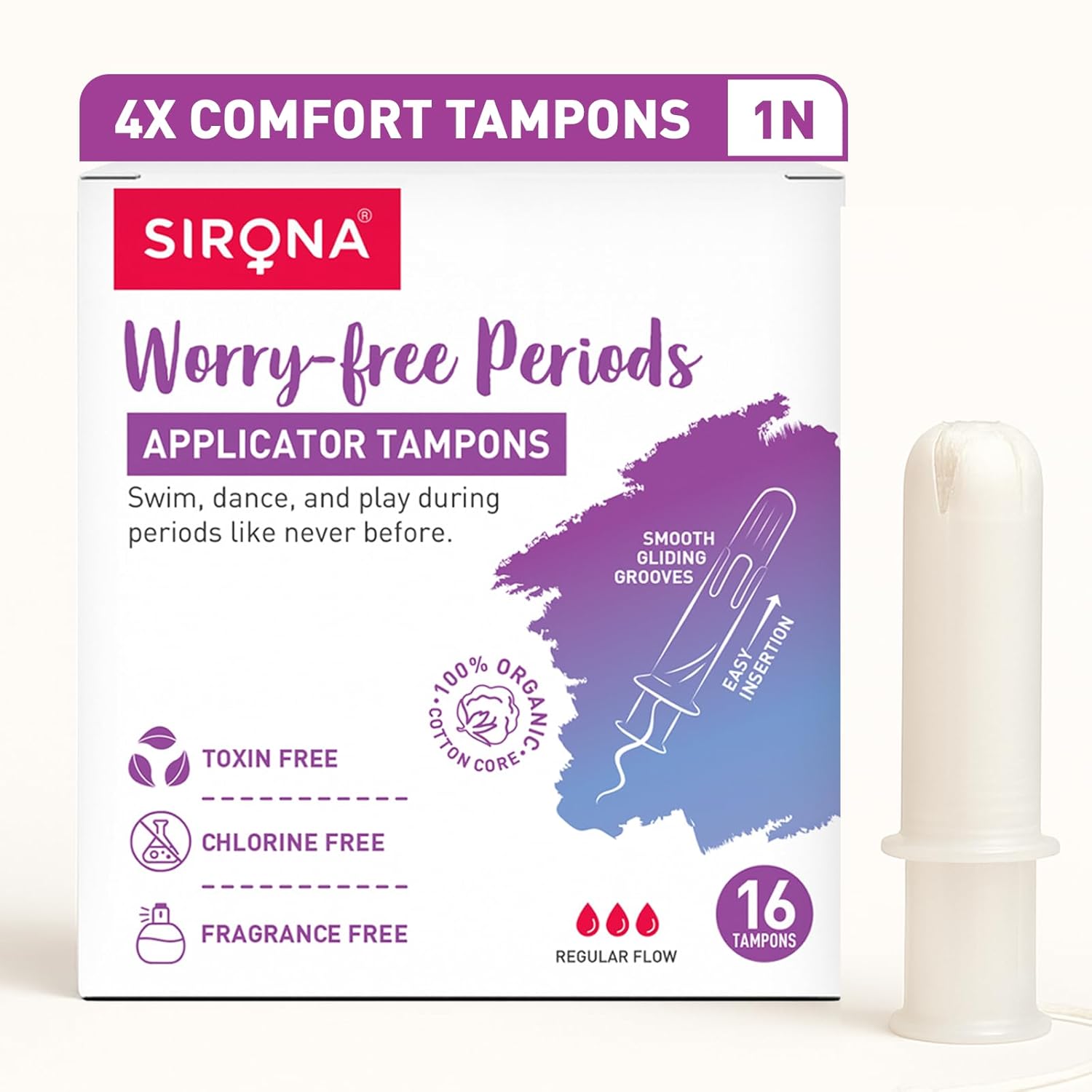 Sirona comfort tampons packaging with a tampon displayed on a white background