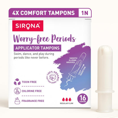 Sirona comfort tampons packaging with a tampon displayed on a white background