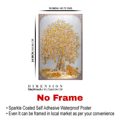 Vastu kalpavriksha Money Golden Tree Painting Sparkle Coated Self Adhesive Wallpaper Without Frame Digital Reprint -2695 (18×24 Inch, Golden Tree)