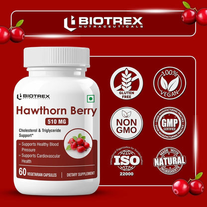 Biotrex Nutraceuticals Hawthorn Berry Supplement 510mg | Supports Cardiovascular Health | Powerful Antioxidant | Skin, Heart And Digestive Health | 60 Veg Capsules