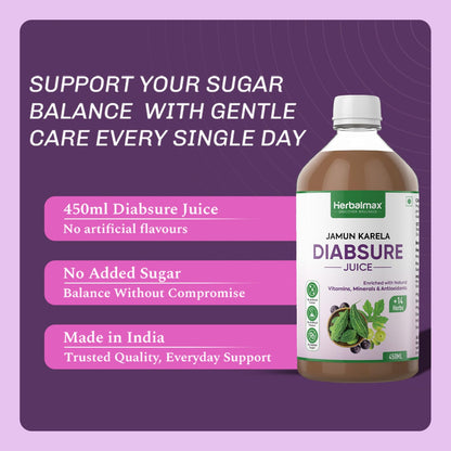 Herbal Max Diabetic Care Juice 450 ml | Herbal Blend with Karela, Jamun, Gudmar, Vijaysar & Amla | Jamun Karela Juice Supports Blood Sugar Management | Suitable for Diabetes & Prediabetes