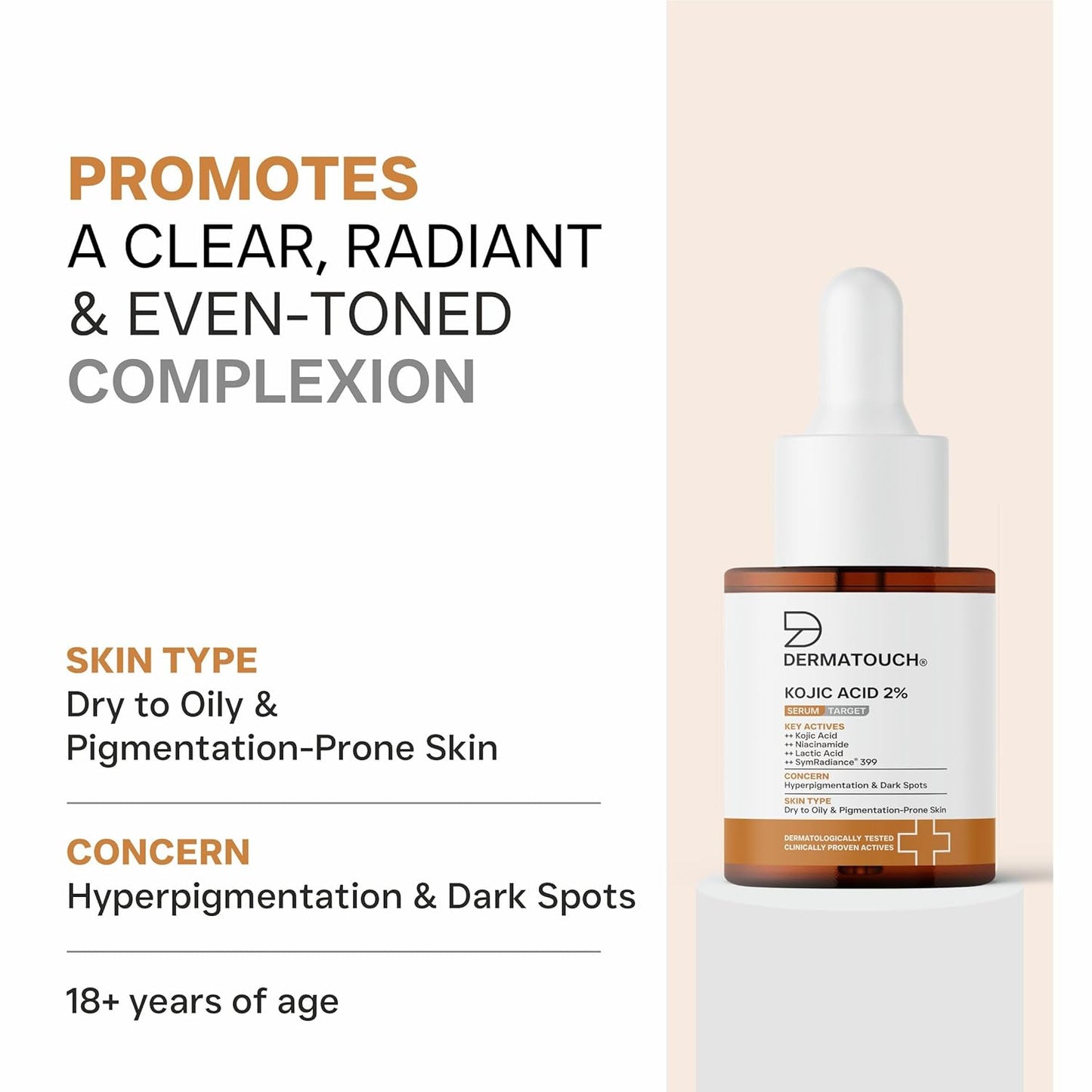 DERMATOUCH Kojic Acid 2% Serum | Best for Hyperpigmentation, Uneven Skin Tone & Dark Spots | For Both Men & Women | 20ml