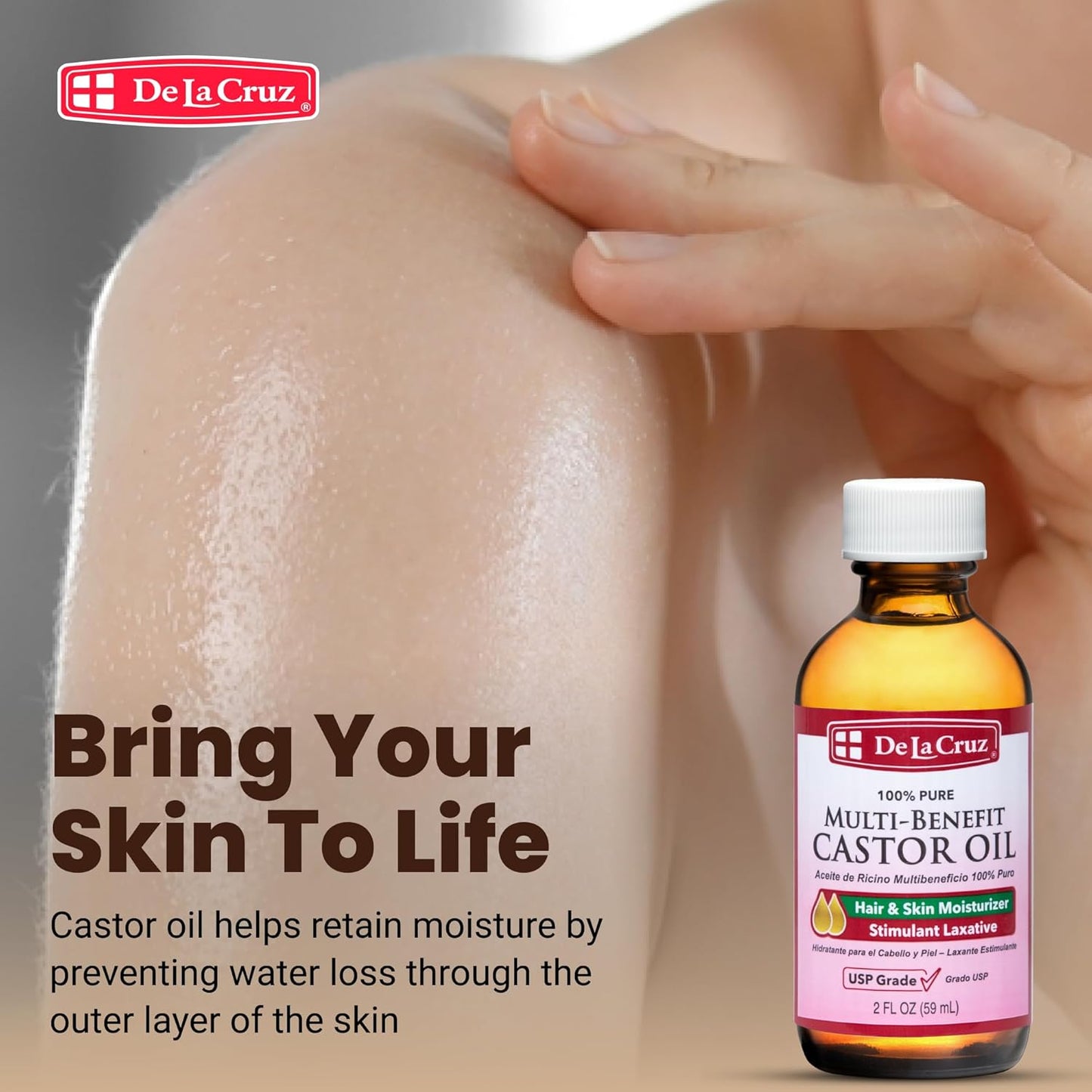 De La Cruz Castor Oil - 100% Pure Castor Oil for Hair, Skin, Eyelashes, and Eyebrows - USP Grade, 2 FL Oz