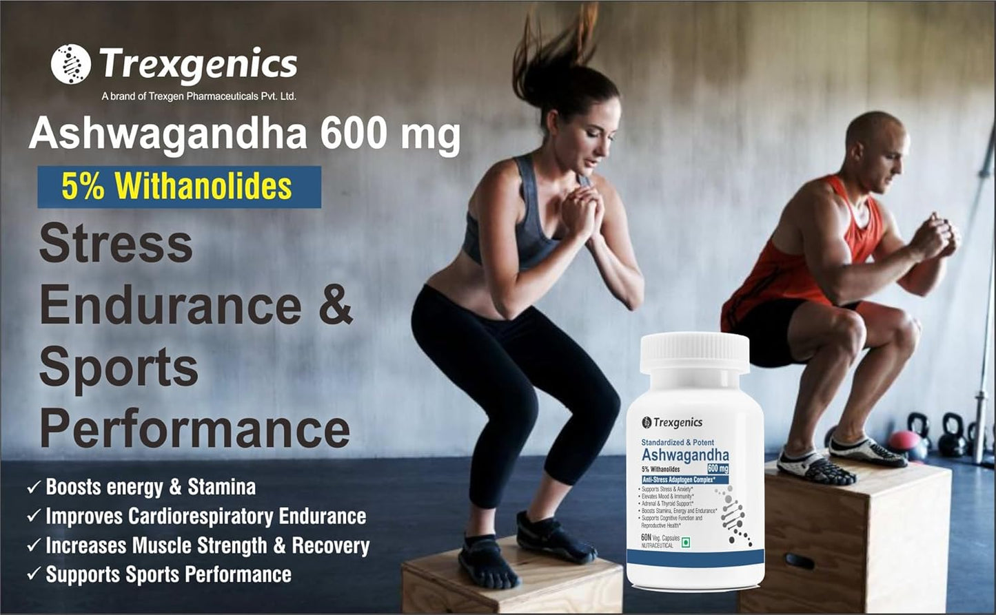 Advertisement for Trexegenics Ashwagandha 600 mg supplement with a woman and man exercising in the background.