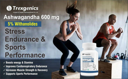 Advertisement for Trexegenics Ashwagandha 600 mg supplement with a woman and man exercising in the background.