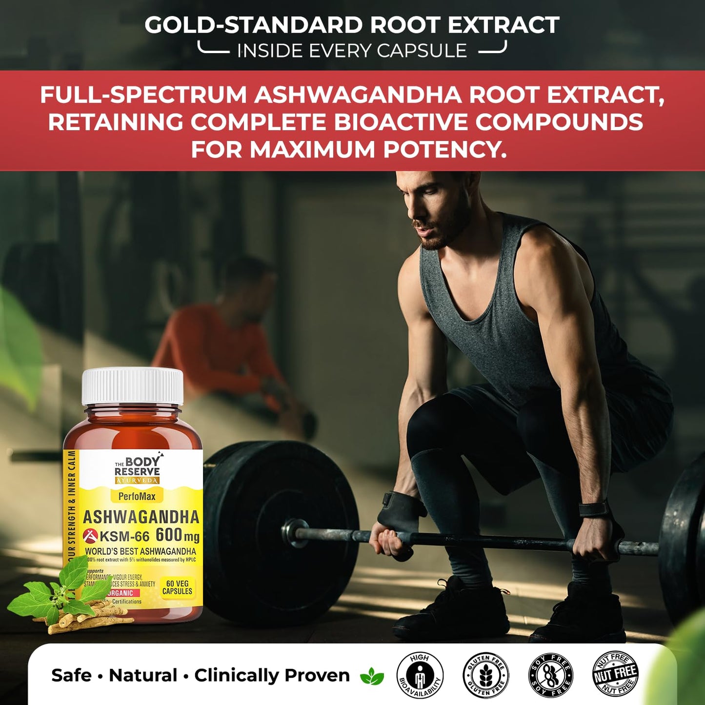 Man lifting weights with a supplement bottle labeled 'Body Reserve Ashwagandha' in the foreground.