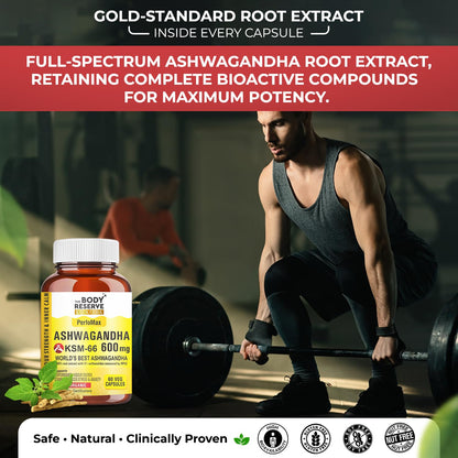 Man lifting weights with a supplement bottle labeled 'Body Reserve Ashwagandha' in the foreground.