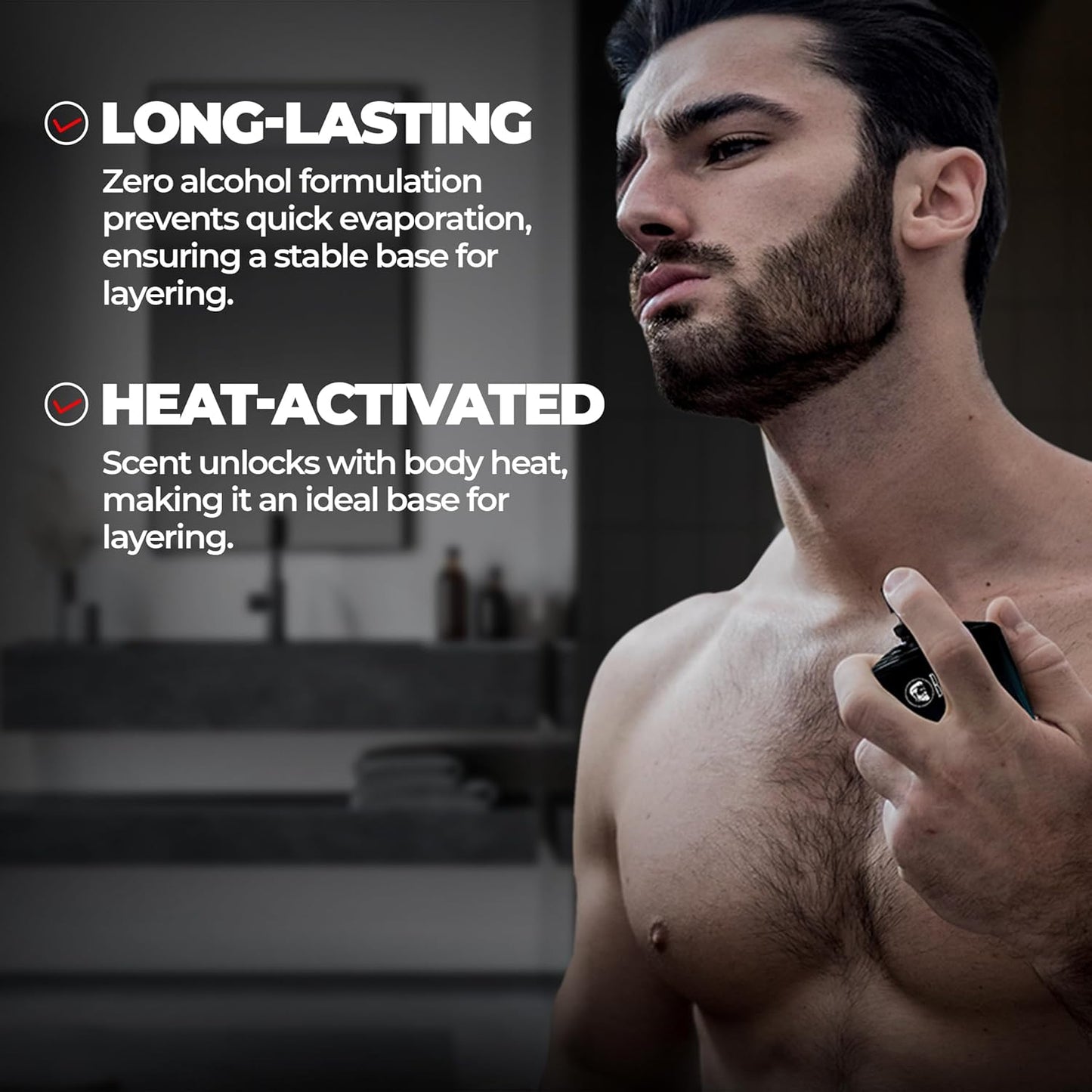 Man applying deodorant with text about product features on a blurred background