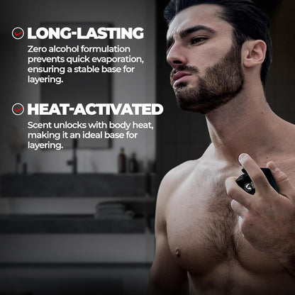 Man applying deodorant with text about product features on a blurred background