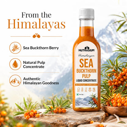 Nutrasium Himalayan Sea Buckthorn Berry Juice - 500 ml - Natural Source of Vitamin C, Omega 3 6 7 9, Antioxidants for Immunity, Skin Glow & Gut Health - 50 Glasses
