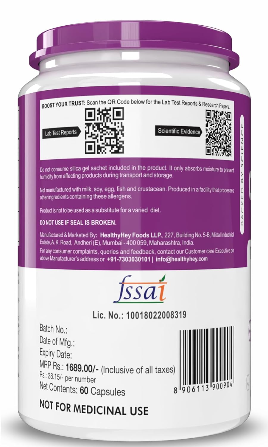Supplement container with purple lid and label displaying branding and product details.