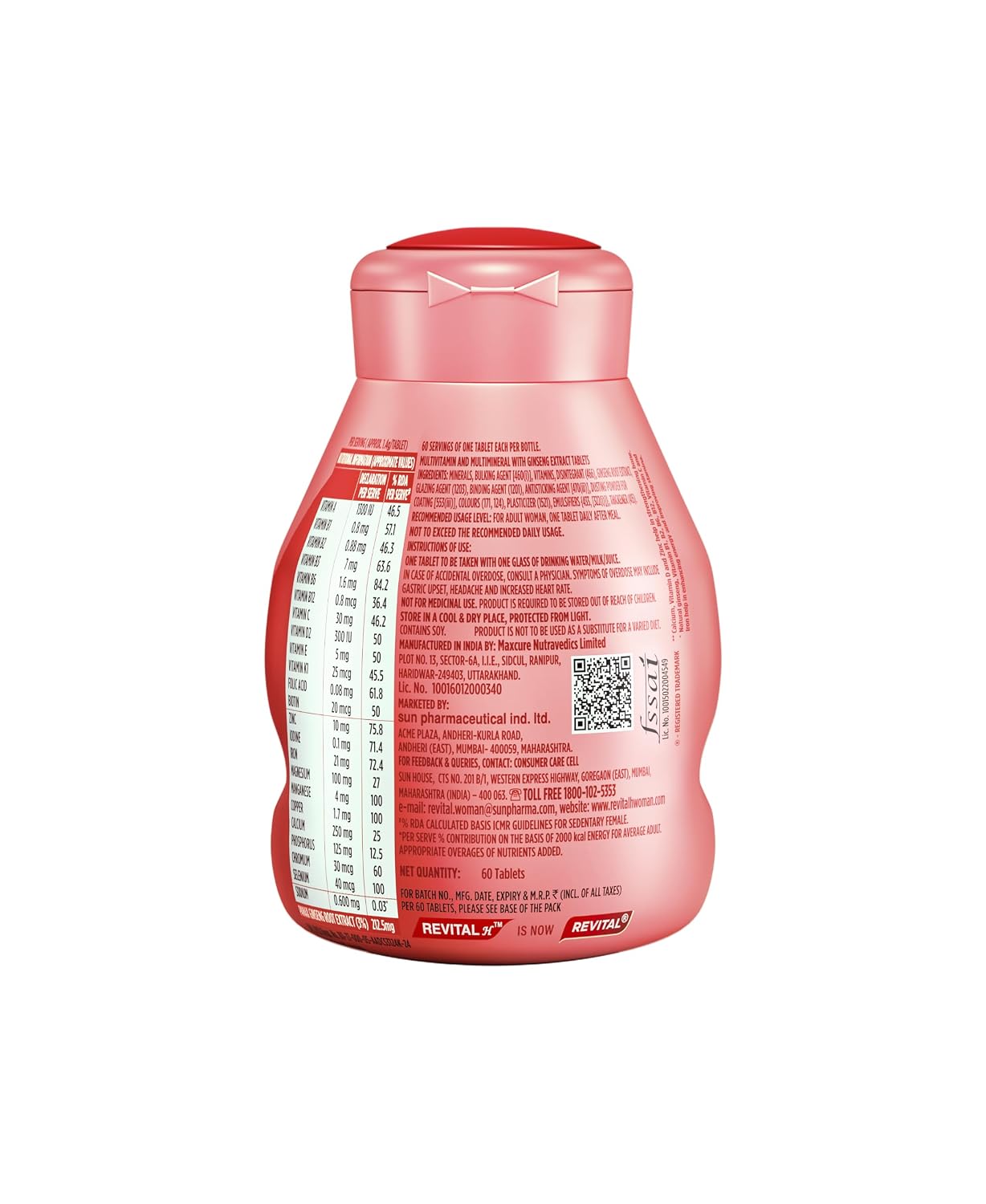Revital For Women With Multivitamins, Calcium, Zinc & Natural Ginseng For Daily Immunity Strong Bones, And Enhances Energy Level - 60 Tablets