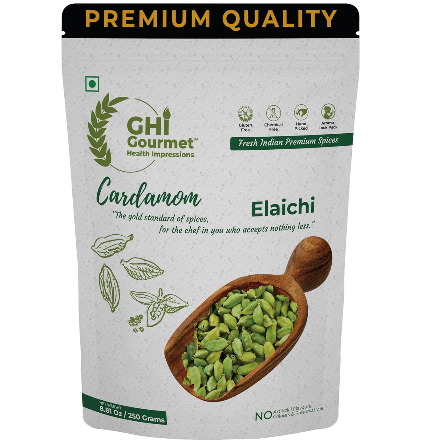 GOURMET HEALTH IMPRESSIONS | Superior Grade Whole Green Cardamom (Elaichi) - 8MM BOLD Size | Large Size | Aromatic Green Pods, Non-GMO - Perfect for Culinary & Aromatic Uses | GHI Foods