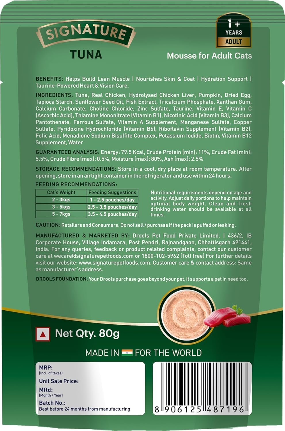 Grain Zero Adult Cat Wet Mousse 80gm | Tuna | Rich in Protein, Promotes Hydration & Easy to Digest | Grain Free, No Artificial Flavours | Packed with Essential Vitamins & Antioxidants
