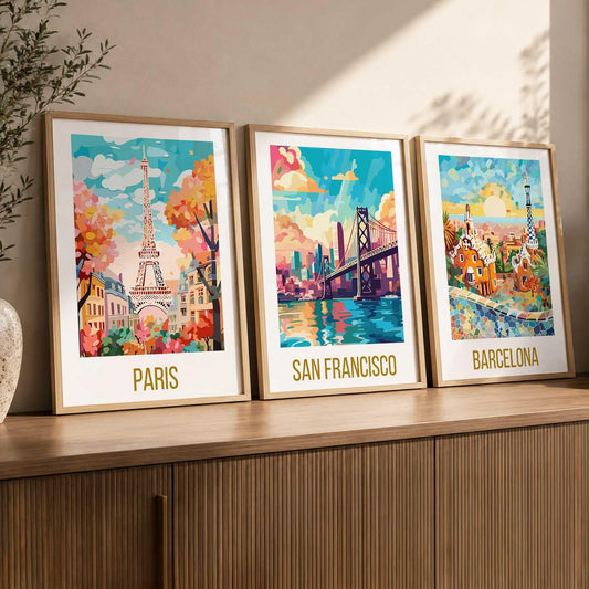 Decorative Travel poster With Frame Wall Art Home Decor Painting For Living Room Office Hotel Wall Decor Digital Reprint Set of 3 (13X17 inch)