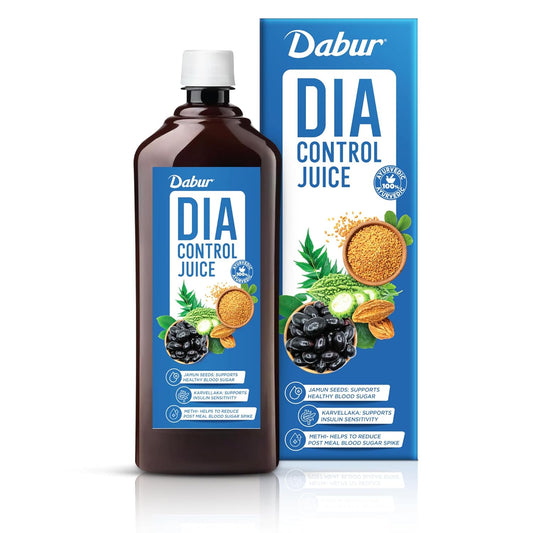 Dabur Dia Control Juice bottle and packaging on a white background