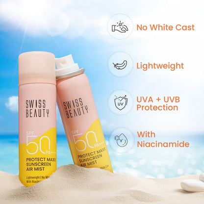 SWISS BEAUTY Protect Maxx Sunscreen Air Mist | SPF 50 PA+++ | With Niacinamide | UVA+UVB Protection For All Skin Type | Even Over Makeup | For Face & Body | 80ml