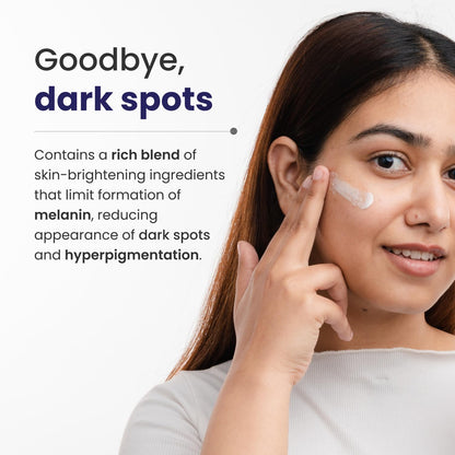 Woman applying cream to her face with text about skin-brightening ingredients.