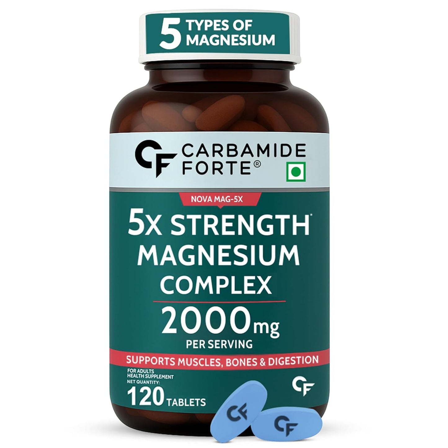 Bottle of Carbamide Forte 5x Strength Magnesium Complex with blue capsules on a white background