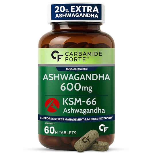 Bottle of Carbamide Forte Ashwagandha 600mg supplement with green label on a white background