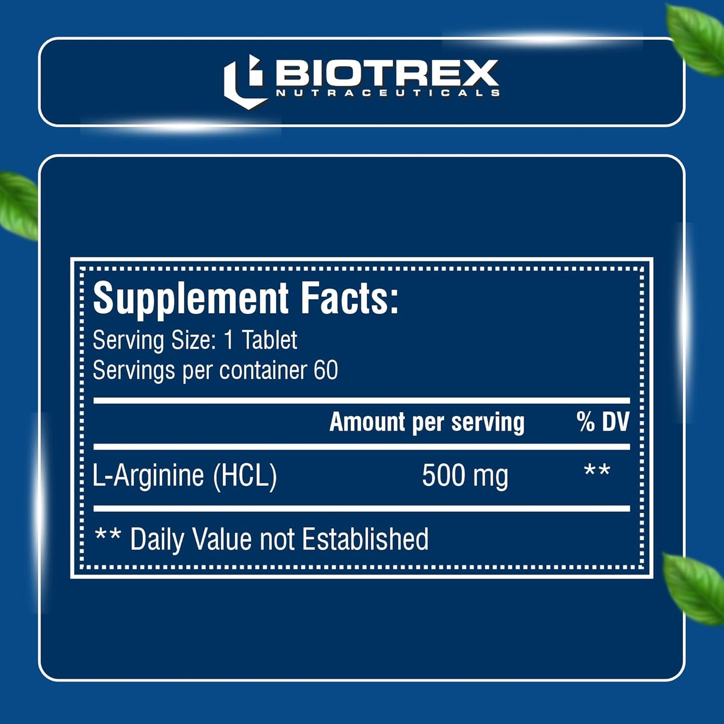 Biotrex Nutraceuticals L-Arginine 500mg Supplement | Nitric Oxide Booster & Muscle Growth | Blood Flow & Heart Health | Pre Workout | Non-GMO | 60 Tablets