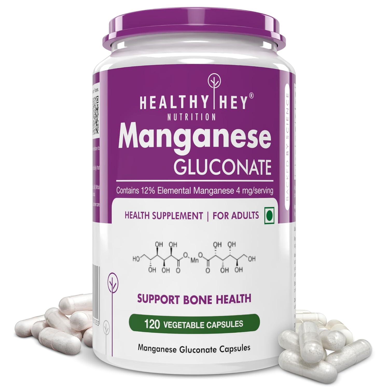 Supplement container labeled 'Healthy Hey' with purple and white design, featuring manganese gluconate capsules.
