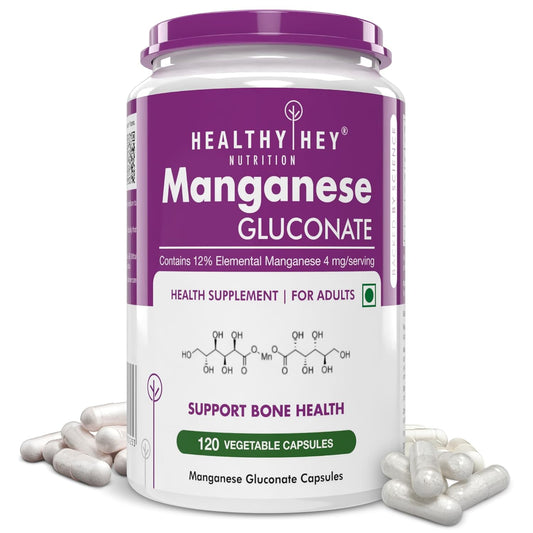 Supplement container labeled 'Healthy Hey' with purple and white design, featuring manganese gluconate capsules.
