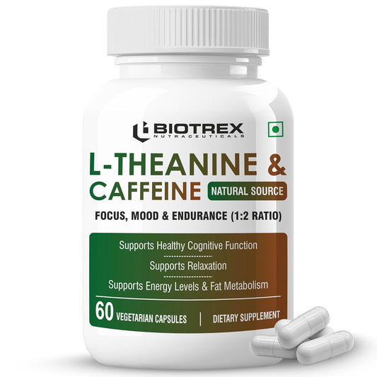 Biotrex Nutraceuticals L-Theanine 200mg Caffeine 100mg Supplement helps to improve Excercise Performance & supports Energy Management - 60 Veg Capsules